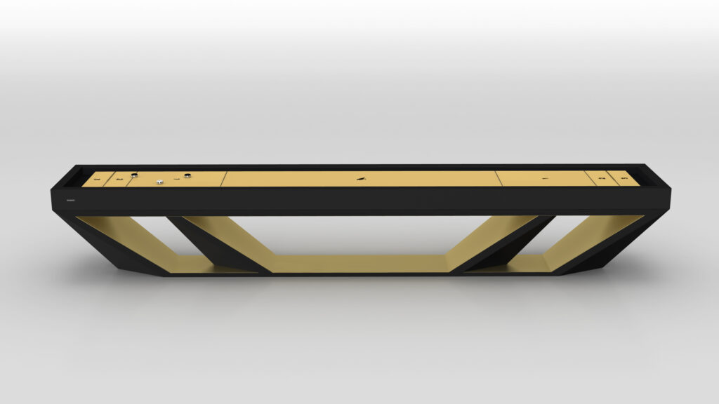 The Stealth Shuffleboard Table, featuring a sleek black and gold design with an angular, open geometric frame, exudes the elegance of luxury game tables against a plain white background.