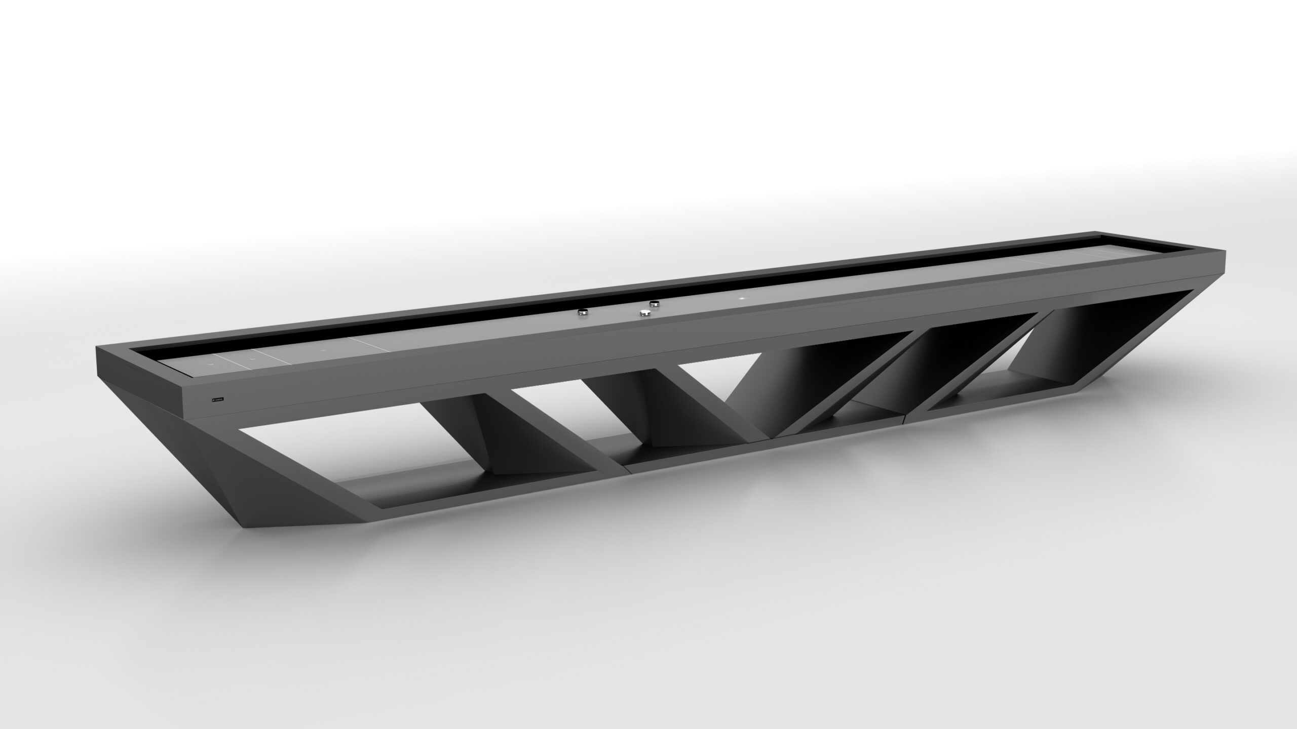 A modern, geometric black bench with angled supports and a rectangular top channels the sleek lines of the Stealth Shuffleboard Table, shown against a plain white background.