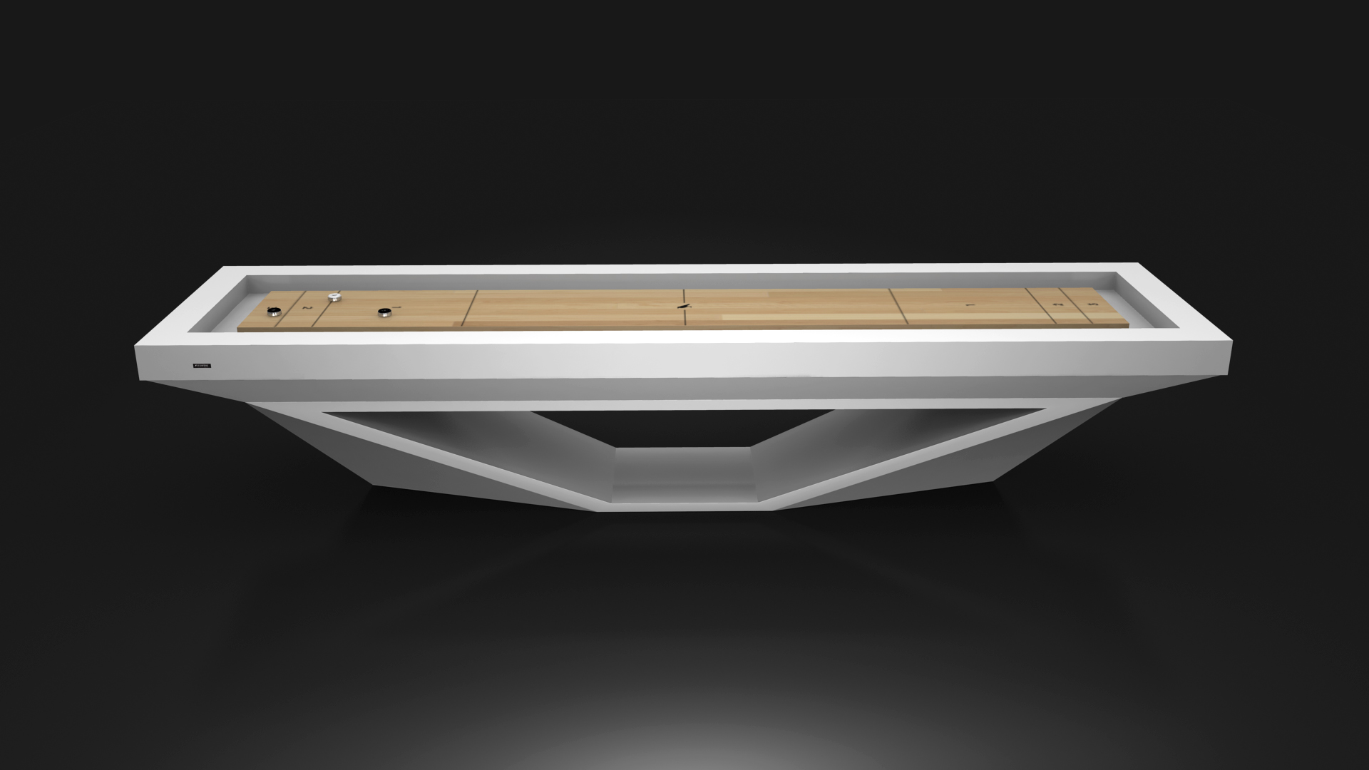 The Stealth Shuffleboard Table features a sleek white geometric frame and a smooth wooden playing surface, elegantly displayed against a dark backdrop.