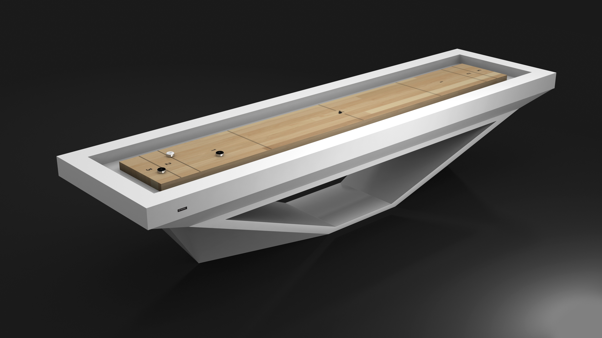 The Stealth Shuffleboard Table features a modern design with a sleek white geometric frame and light wooden playing surface, showcased against a plain dark background.