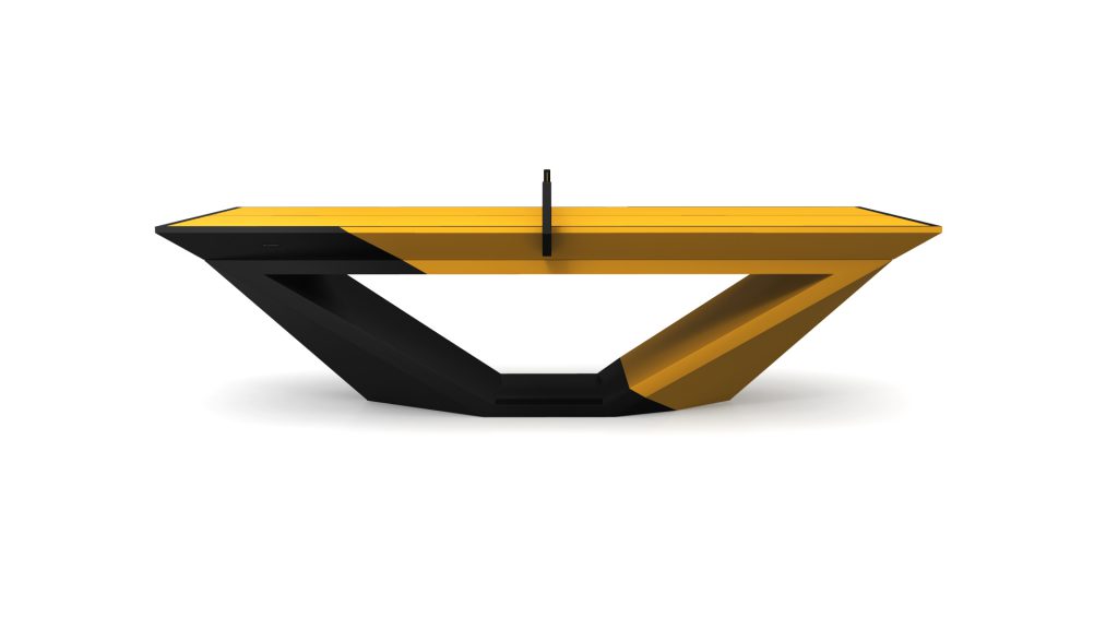 The Stealth Ping Pong Table features a modern triangular base, bold black and yellow contrasts, and a rectangular tabletop supported by an angular structure, creating a contemporary artistic design reminiscent of luxury geometric tables.