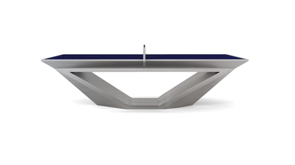 Introducing the Stealth Ping Pong Table: a modern table with a sleek, triangular base and a dark blue surface. The thin net and silver finish highlight its minimalist design, emphasizing geometric shapes for an understated elegance.
