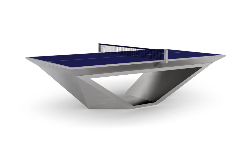 Meet the Stealth Ping Pong Table: a sophisticated design with a sleek metal base and blue playing surface, separated by a black net. Its geometric structure and stylishness reflect modern elegance.
