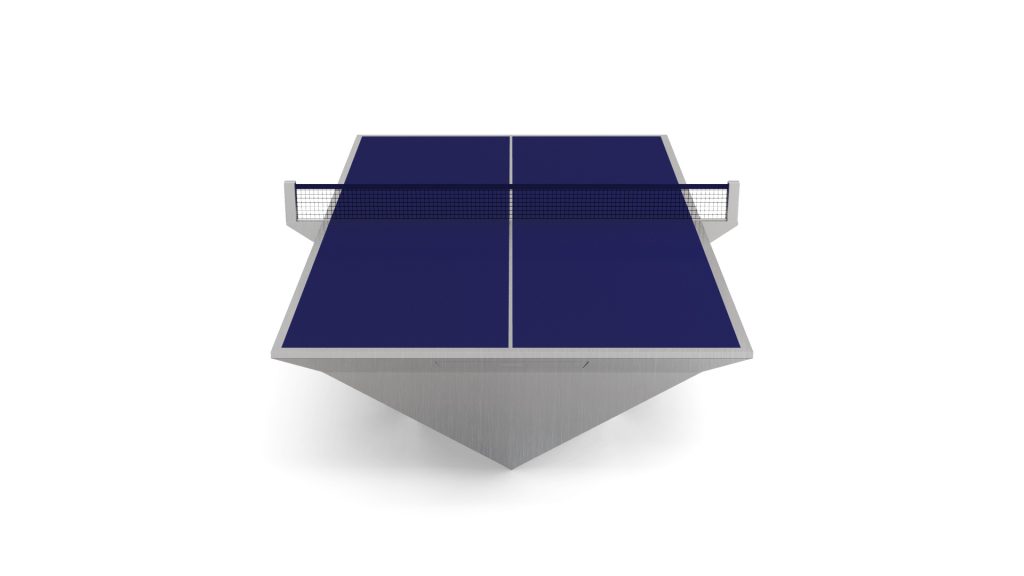 A luxury minimalist and abstract Stealth Ping Pong Table in blue, featuring a net, viewed symmetrically from above on a white background.