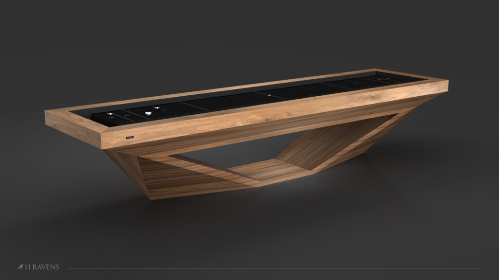 The Stealth Shuffleboard Table showcases a sleek, geometric wooden base and a black playing surface. Its contemporary, minimalist design brings sophistication to any space.