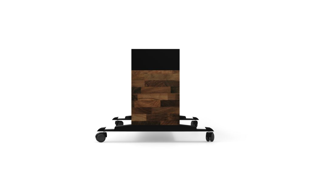 The Storage Caddy is a luxury cart with a modern design, showcasing a patchwork of dark and light wooden panels. It features a sleek black top and base, four wheels for easy mobility, offering style and functionality.