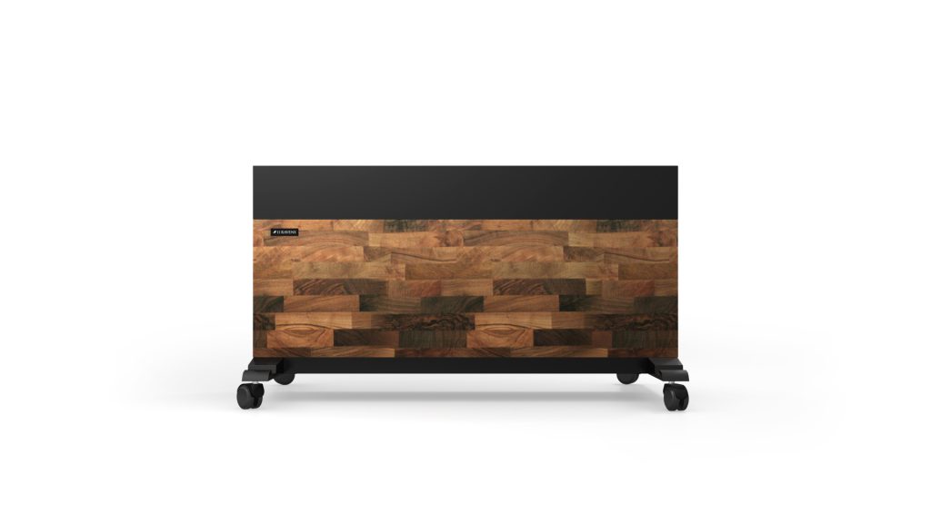 This modern rectangular heater, with a luxurious caddy-inspired design featuring a black top and chunky wooden bottom texture, is conveniently mounted on four caster wheels for easy mobility.