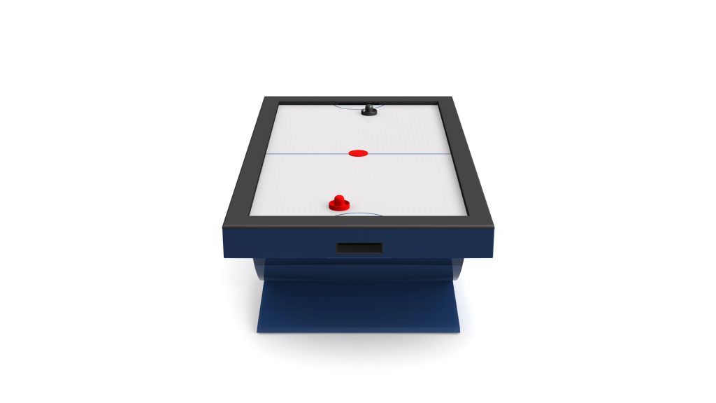 The Theseus Air Hockey Table boasts a vivid blue design featuring a red puck, red and black strikers, and precise blue boundary lines on a white surface for an elegant look.