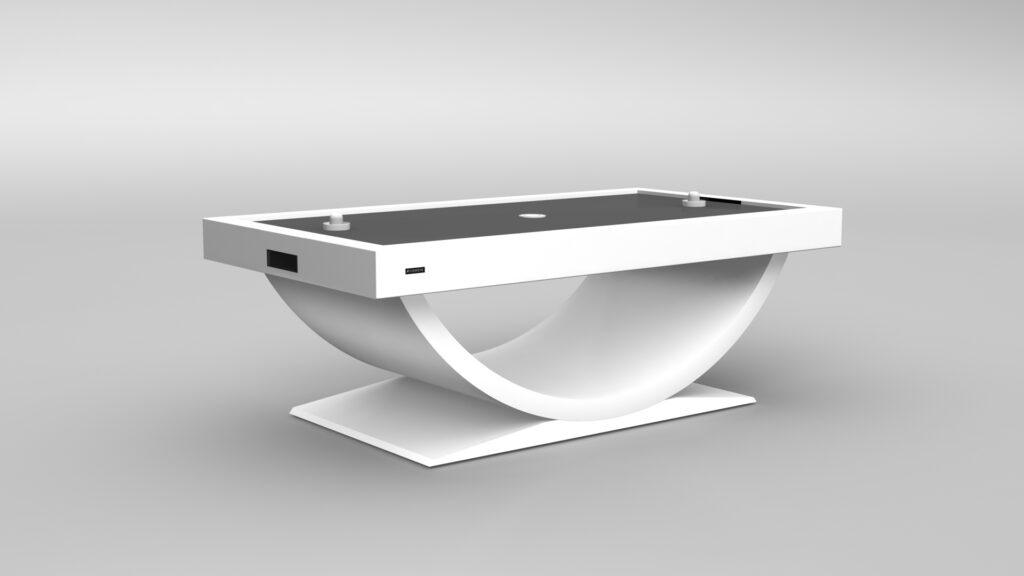 The Theseus Air Hockey Table is a modern, white rectangular table with a black glass top, unique curved support structure, and flat base, shown against a plain gray background.