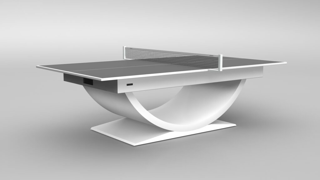 The Theseus Ping Pong Table features a sleek, curved white base and gray tabletop with a standard net, set against a plain light gray background.