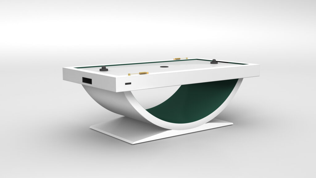 The Theseus Air Hockey Table features a modern white and green finish, unique curved base, and minimalist design, showcased on a plain white background.