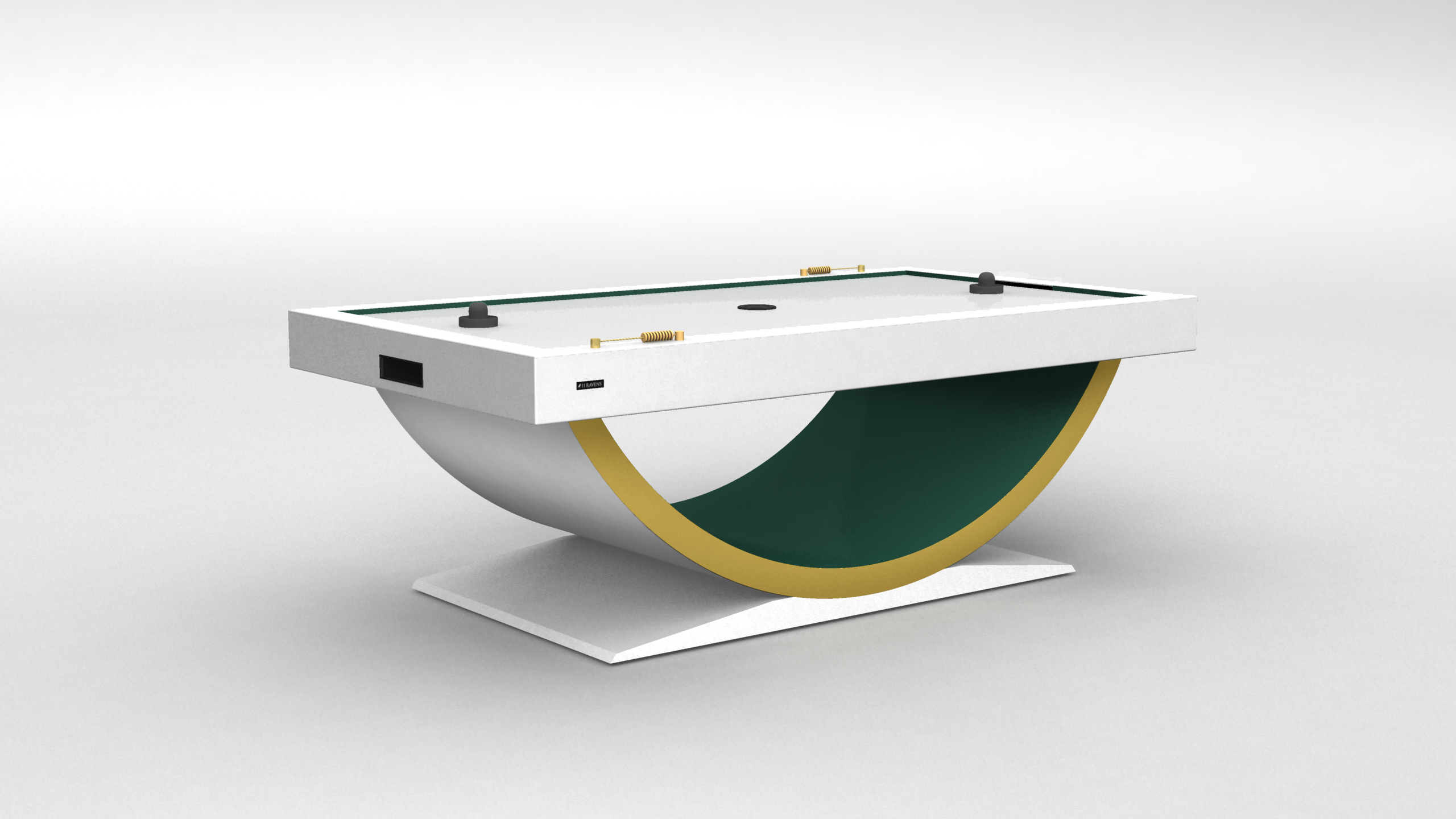 The Theseus Air Hockey Table features a sleek white rectangular top, green playing surface, and gold and green curved base, all set on a white platform against a plain background.