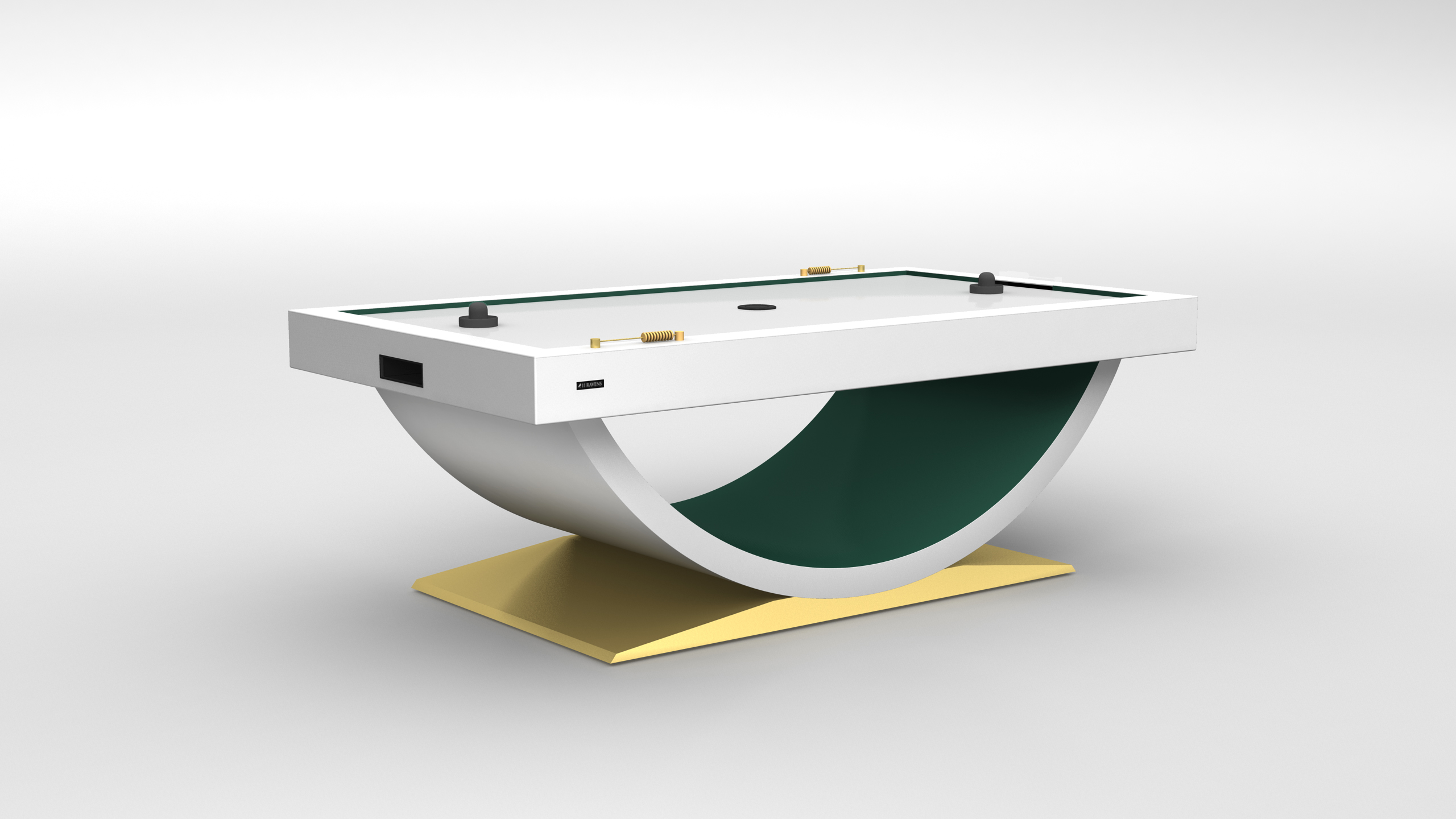 The Theseus Air Hockey Table boasts a modern green and white curved base, a sleek white rectangular playing surface, and striking yellow accents on a plain white background.