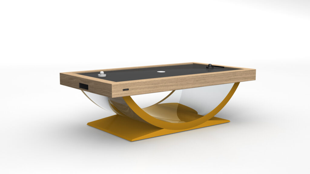 The Theseus Air Hockey Table features a black playing surface, wooden frame, and a distinctive yellow curved base, all set against a white background.