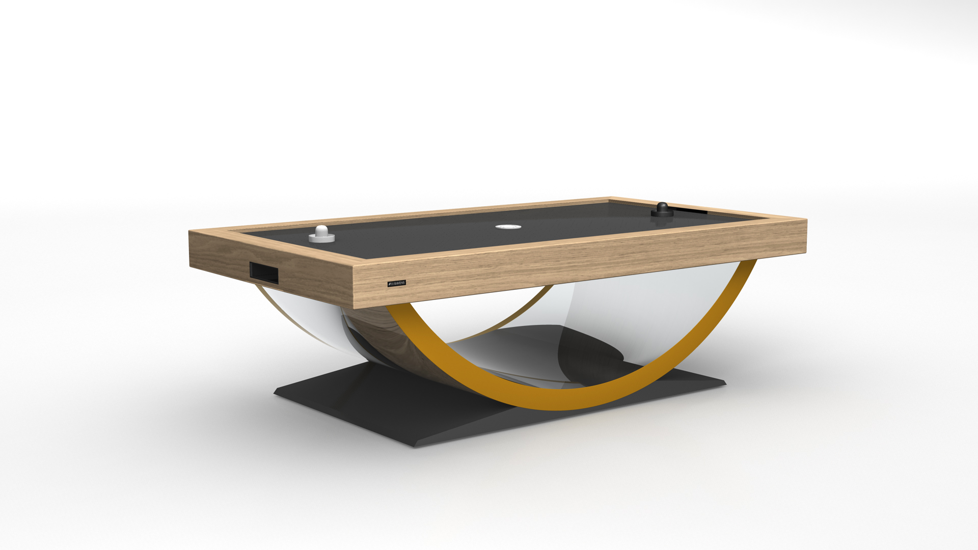 The Theseus Air Hockey Table boasts a modern black playing surface, wooden frame, and a distinctive curved metal base with a yellow accent, all showcased against a plain white background.