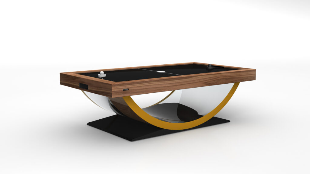 The Theseus Air Hockey Table combines a modern wooden top, black playing surface, and curved metallic base with yellow accent, blending wood, metal, and geometric shapes for sleek contemporary style.