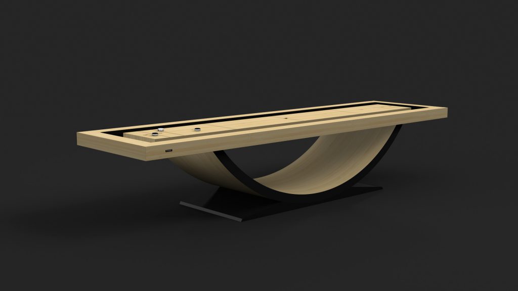 The Theseus Shuffleboard Table boasts a light wooden surface and a sleek black curved base, creating an elegant look with shuffleboard pucks poised for action against a dark backdrop.