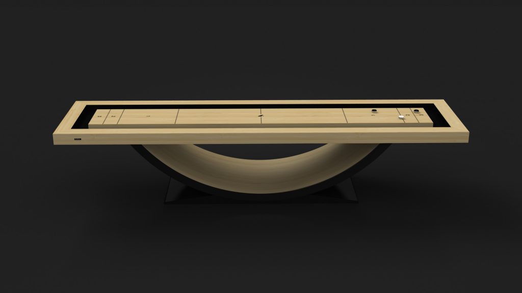 The Theseus Shuffleboard Table boasts a sleek wooden surface on a distinctive U-shaped base, set against a dark backdrop. Its minimalist design exudes modern elegance, making it truly stand out.