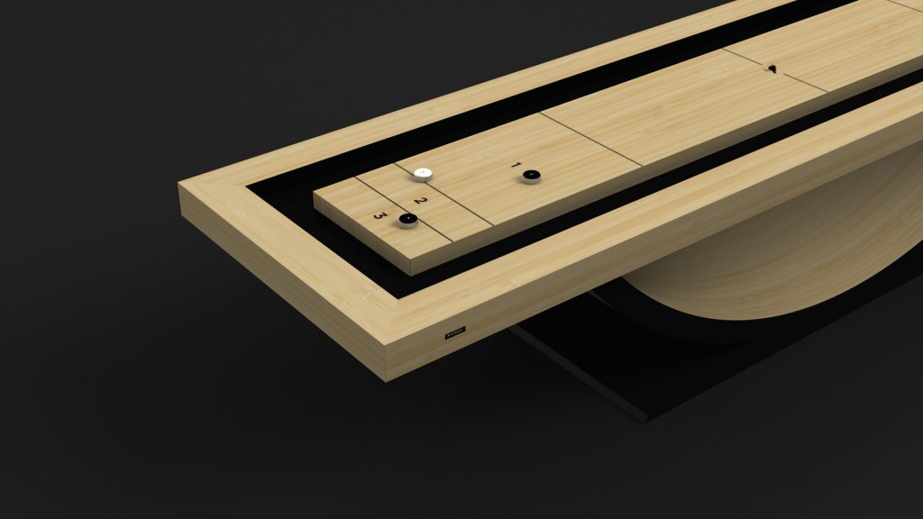 Experience the luxury of the Theseus Shuffleboard Table, showcasing a modern light wood finish on a sleek dark base. Its minimalist design elegantly contrasts with a dark backdrop, while pucks are stylishly positioned at one end.