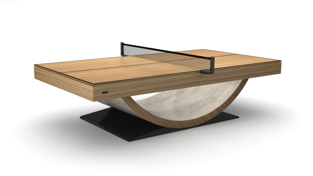 The Theseus Ping Pong Table features a modern wooden top, black net, and curved concrete base on a black platform, making a sophisticated statement against a plain white background.