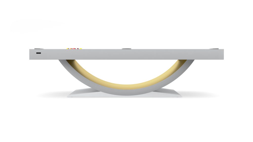 The Theseus Pool Table is a luxury piece with a minimalist design, featuring a flat gray surface on an inverted U-shaped yellow support and rectangular base, offering a sleek and artistic appearance.