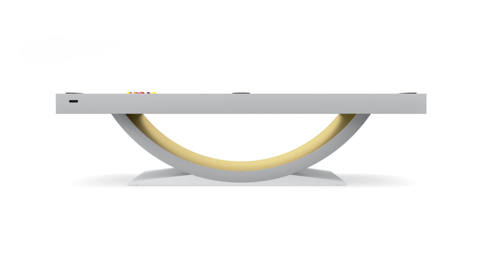 The Theseus Pool Table is a luxury piece with a minimalist design, featuring a flat gray surface on an inverted U-shaped yellow support and rectangular base, offering a sleek and artistic appearance.