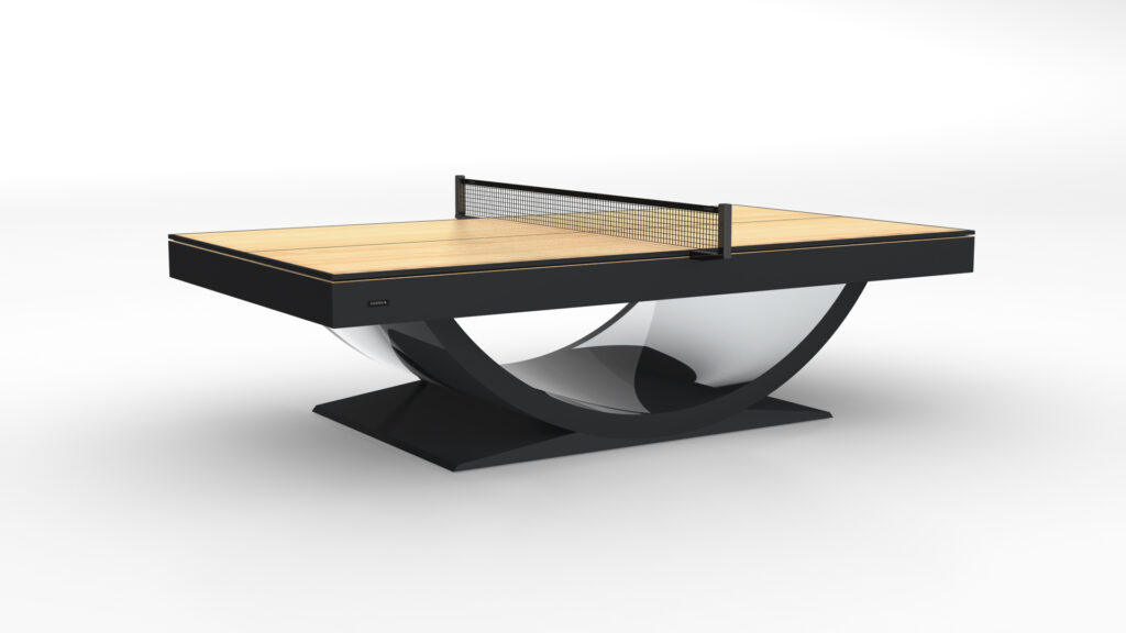 The Theseus Ping Pong Table features a wooden top, black edges, and a unique curved glass and black base, displayed on a white background with a net dividing the center.