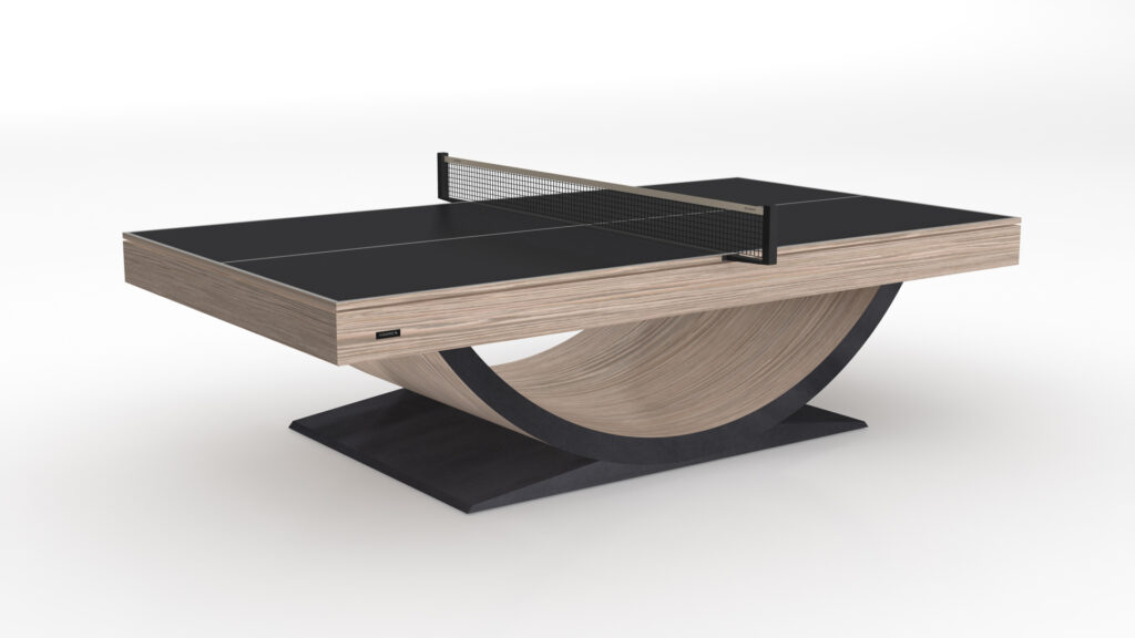 The Theseus Ping Pong Table features a modern design with a sleek black top, white boundary lines, black net, and a distinctive curved wood base on a black rectangular platform.
