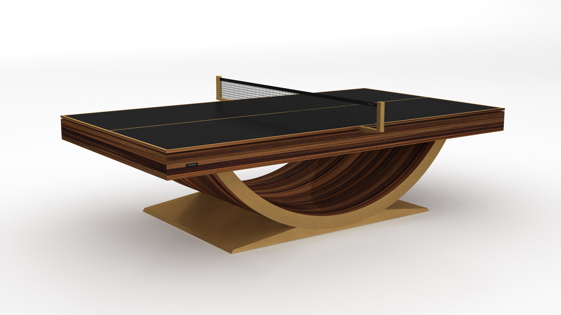 The Theseus Ping Pong Table is modern and stylish, featuring a black top, gold accents, and a unique curved wooden base on a flat gold platform, shown against a plain white background.