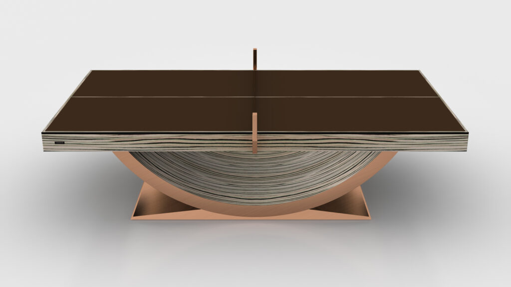 The Theseus Ping Pong Table boasts a glossy brown surface, wood veneer edge, and a distinctive curved base in light and copper tones, with a sculptural geometric net for a striking statement piece.