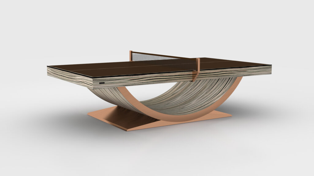 The Theseus Ping Pong Table features a modern rectangular dark brown top and a distinctive curved wooden base with stacked layers, all set on a light brown platform against a plain background.