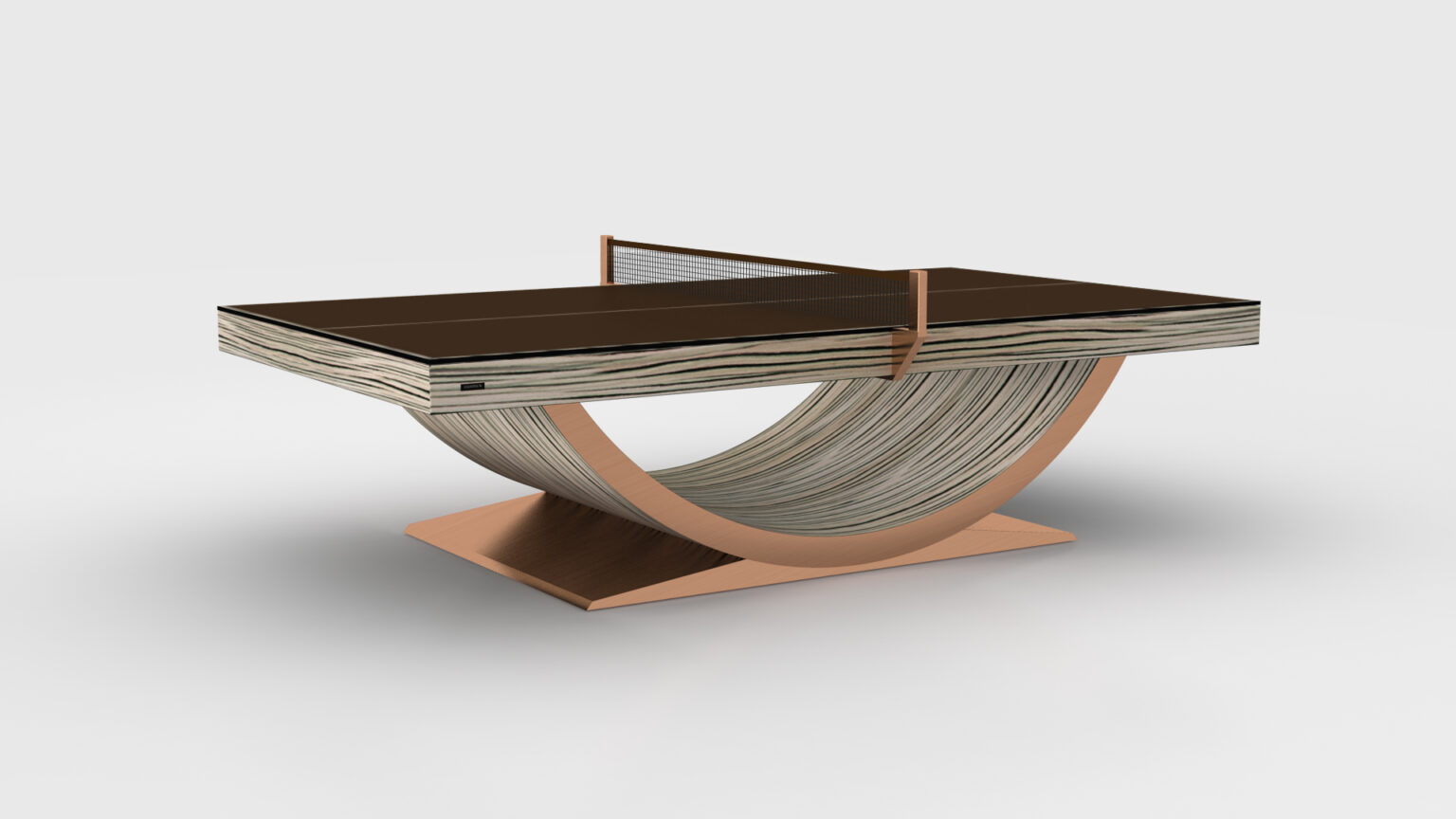 The Theseus Ping Pong Table features a modern rectangular dark brown top and a distinctive curved wooden base with stacked layers, all set on a light brown platform against a plain background.