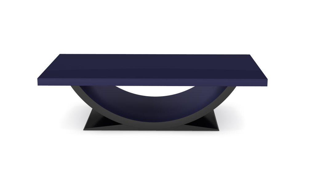 The luxury coffee table, featuring a navy blue rectangular top and a curved black base, reflects the sleek and modern design of the Theseus Convertible Pool/Dining/Ping Pong Table, bringing contemporary elegance and versatility to any living space.