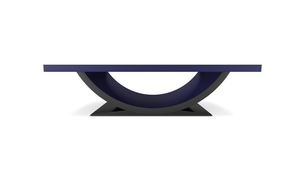 A minimalist modern table with a sleek dark blue surface and an elegant curved black base creating an arch-like shape, reminiscent of the luxury Theseus collection. This convertible piece can serve as a pool, dining, or ping pong table.