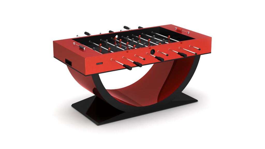 Introducing the modern Theseus Foosball Table, featuring a striking red design and sleek black base, with player rods and handles set against a clean white backdrop.