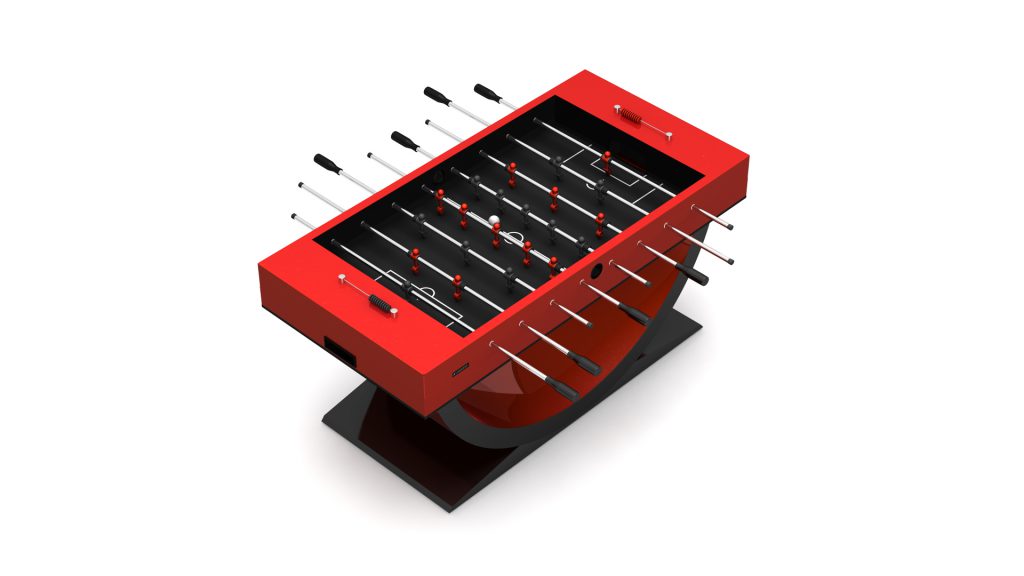 The Theseus Foosball Table, featuring a red body with black and silver handles, is displayed at an angle. It includes red and white players on a sleek, modern base.