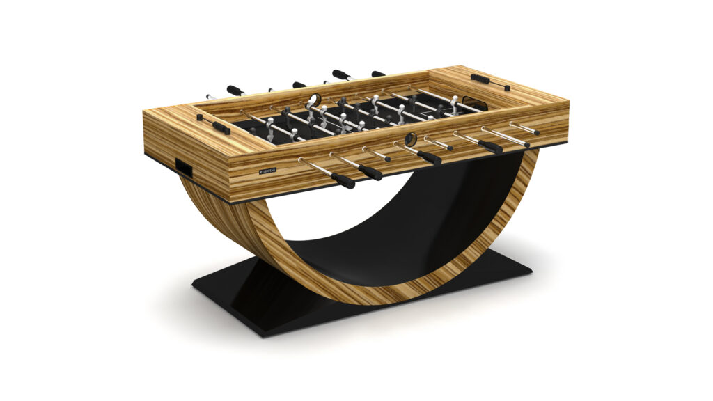 The Theseus Foosball Table boasts a modern wooden frame, sleek black curved base, and black and silver player rods, all set against a clean white background.