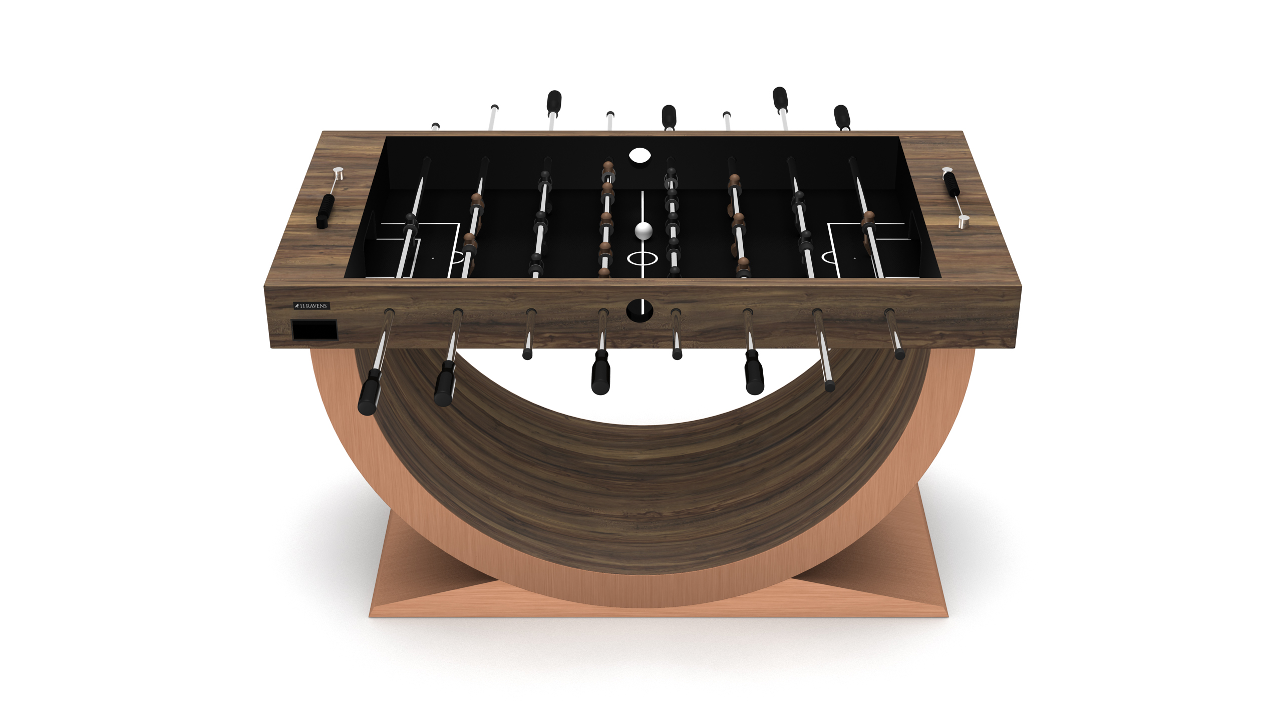 The Theseus Foosball Table features a rectangular wooden top, crescent-shaped wooden base, black handles, and metal rods, all set against a plain white background for a modern luxury look.
