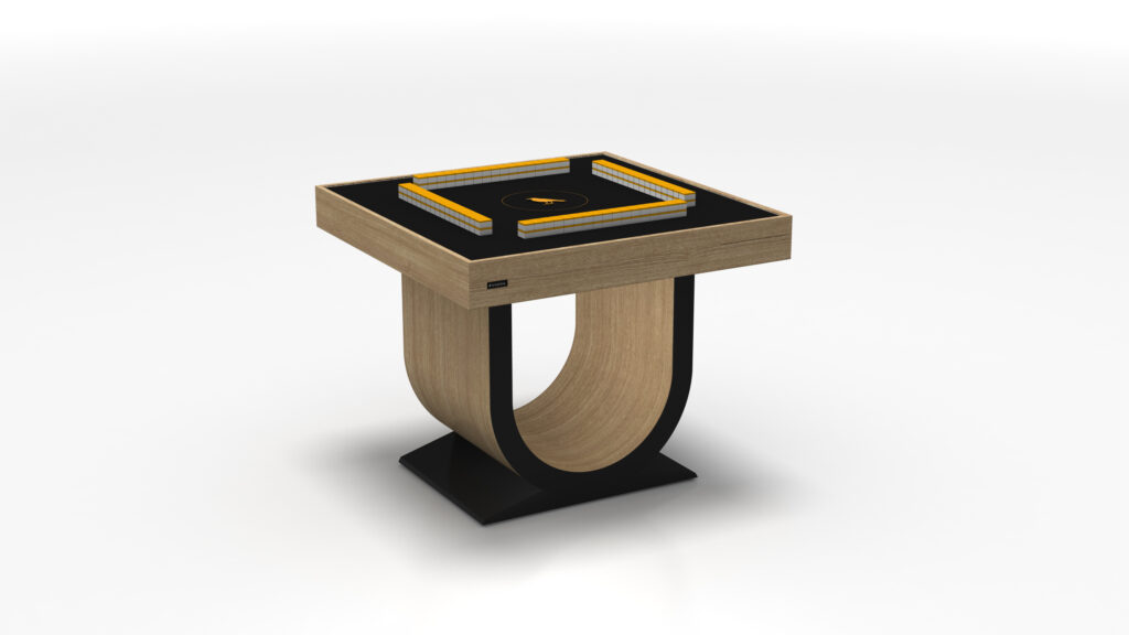 The Theseus Mahjong Table exudes the elegance of luxury game tables with its modern design, featuring a black square top accented by an orange-bordered pattern. A U-shaped wooden base on a black square foot enhances its sleek and contemporary style.