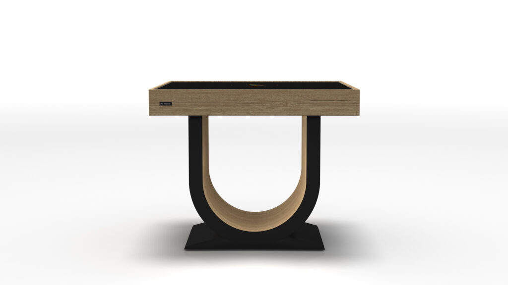 The Theseus Mahjong Table is a modern luxury game table featuring a U-shaped base and rectangular top. Its contemporary design combines a black metal frame with a wooden surface, making it ideal for enhancing any playroom. It stands on its own against a white background.