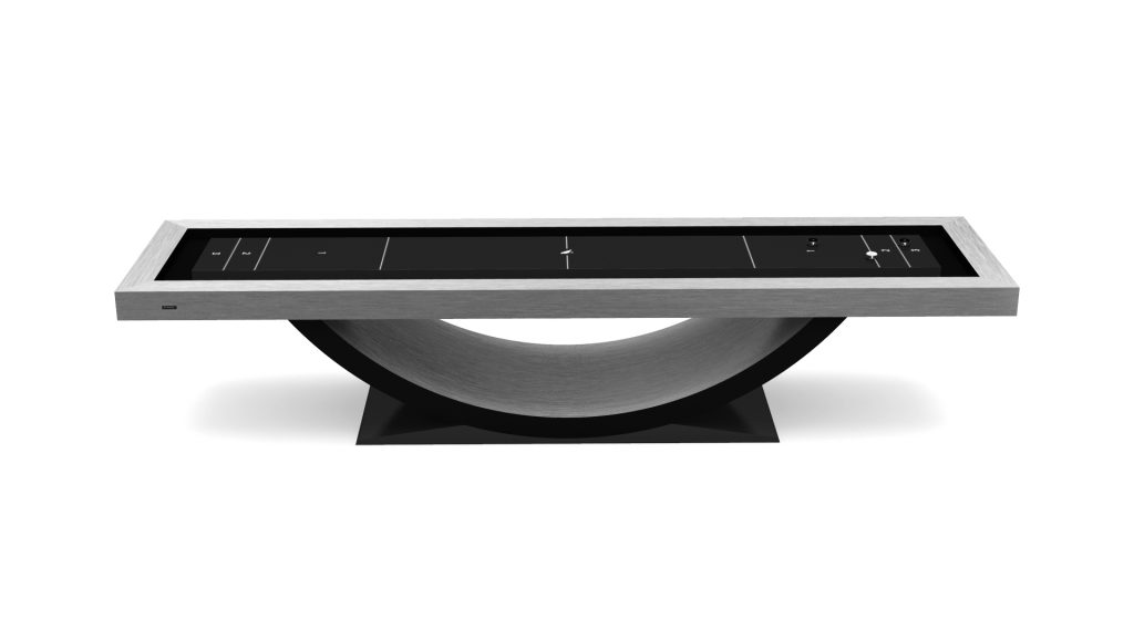 Introducing the Theseus Shuffleboard Table: this sleek, modern piece features a black playing surface and silver outer frame. With a distinctive U-shaped support on a sturdy rectangular base, it exudes elegance and sophistication in every detail.