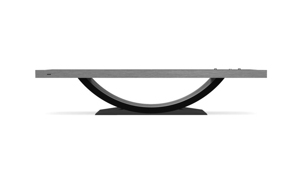 The Theseus Shuffleboard Table boasts a modern, minimalistic design with a flat rectangular top and distinctive curved support. Its sleek black base adds to its contemporary elegance, making it the ideal addition to any stylish setting.