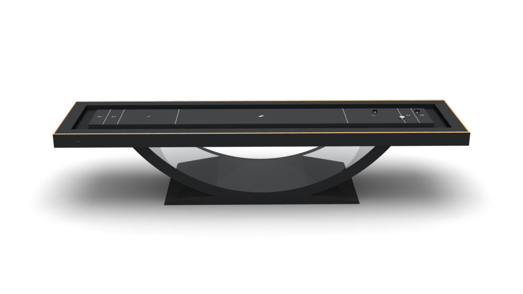 The Theseus Shuffleboard Table boasts a sleek black finish, clean lines, modern minimalistic design, and a curved base, shown on a plain white background.
