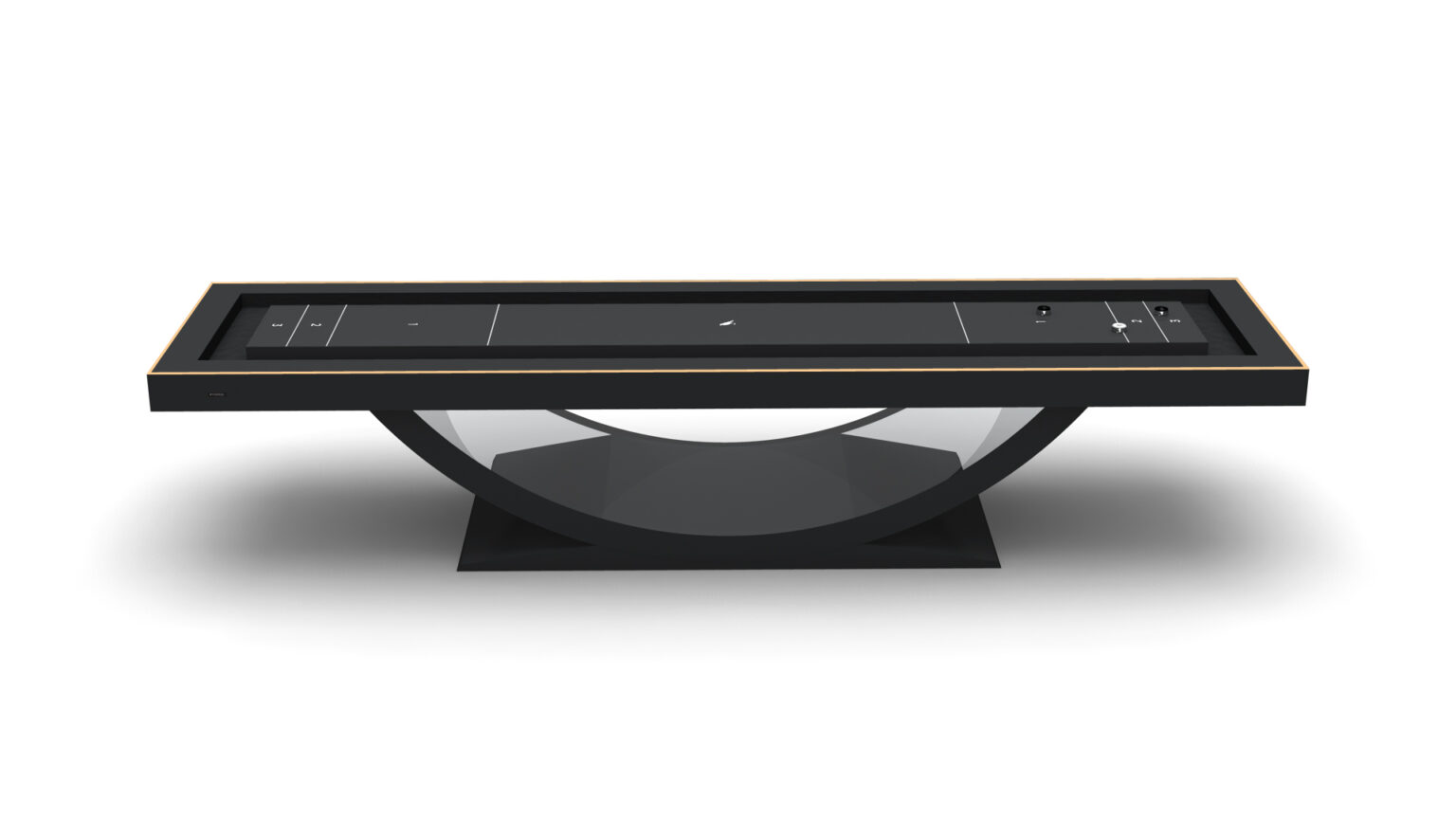 The Theseus Shuffleboard Table boasts a sleek black finish, clean lines, modern minimalistic design, and a curved base, shown on a plain white background.