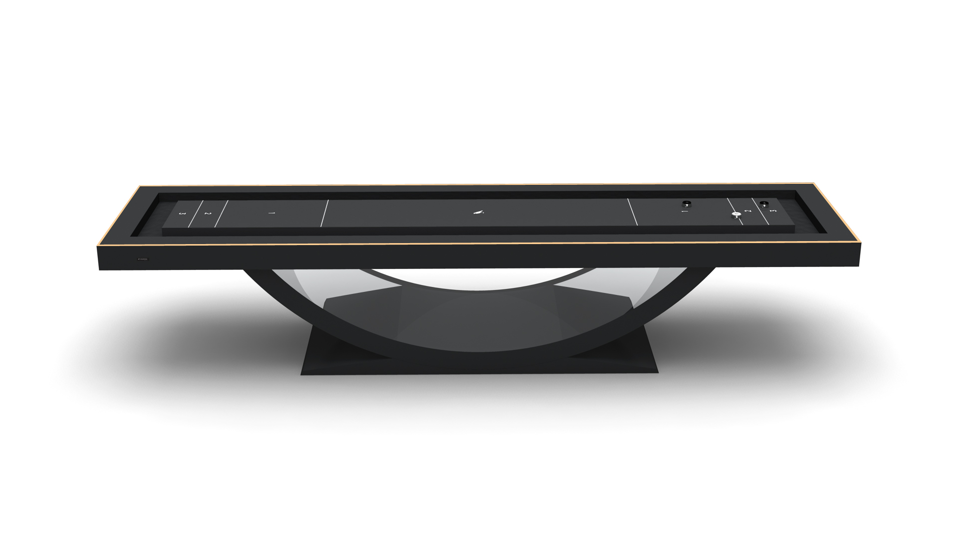 The Theseus Shuffleboard Table boasts a sleek black finish, clean lines, modern minimalistic design, and a curved base, shown on a plain white background.