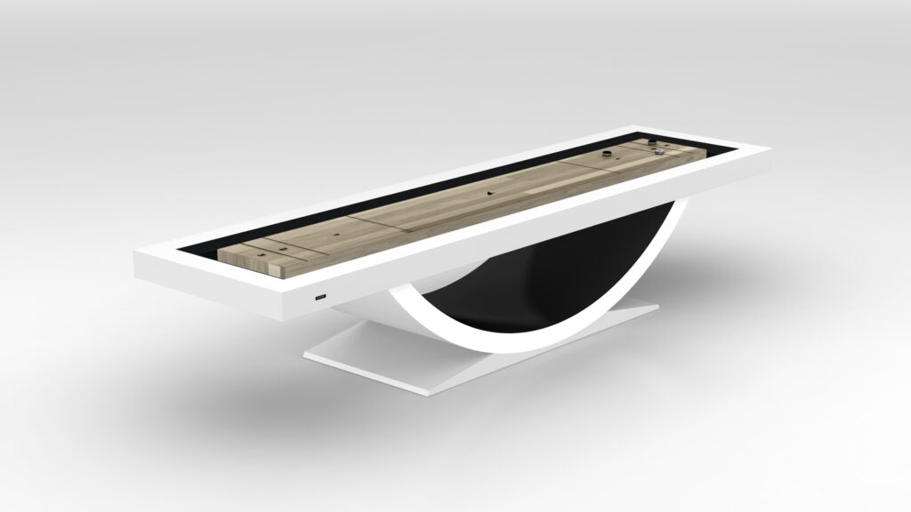 The Theseus Shuffleboard Table features a sleek white frame, curved black base, and light wooden playing surface with metal pucks—modern elegance on a white background.