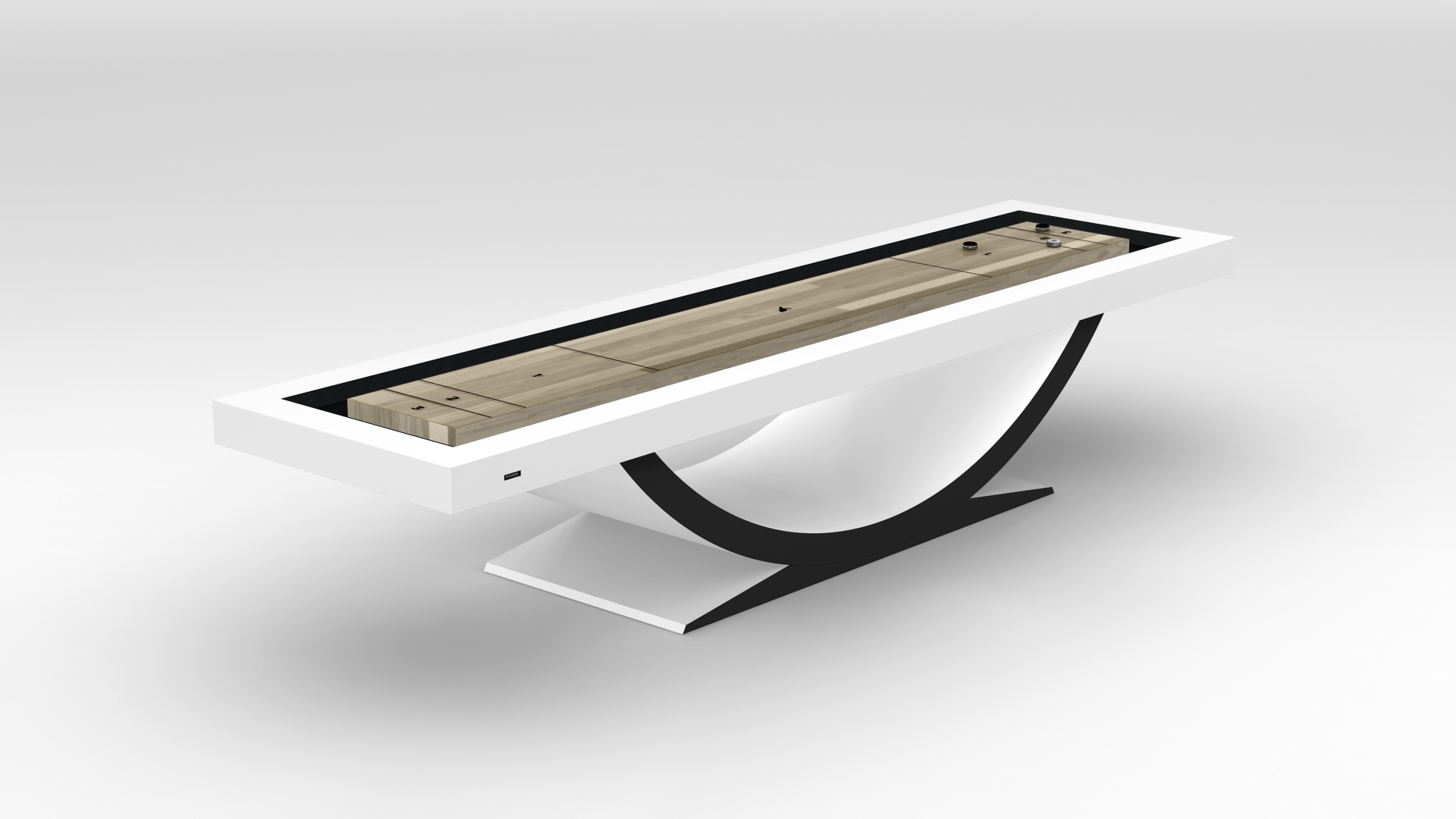 The Theseus Shuffleboard Table showcases a sleek white frame, curved black base, and smooth wood top. Its minimalist design brings contemporary elegance to any space, standing out as a statement piece against a plain white background.