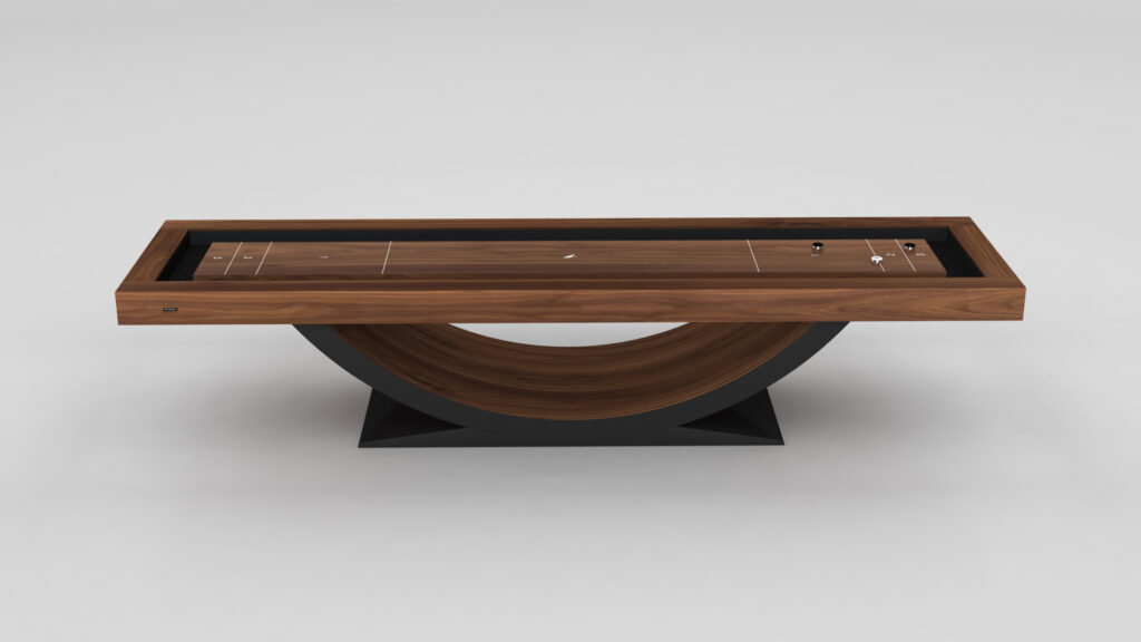 The Theseus Shuffleboard Table showcases a wooden top, black border, and curved wooden base on a black platform, all set against a plain light background for a modern luxury look.