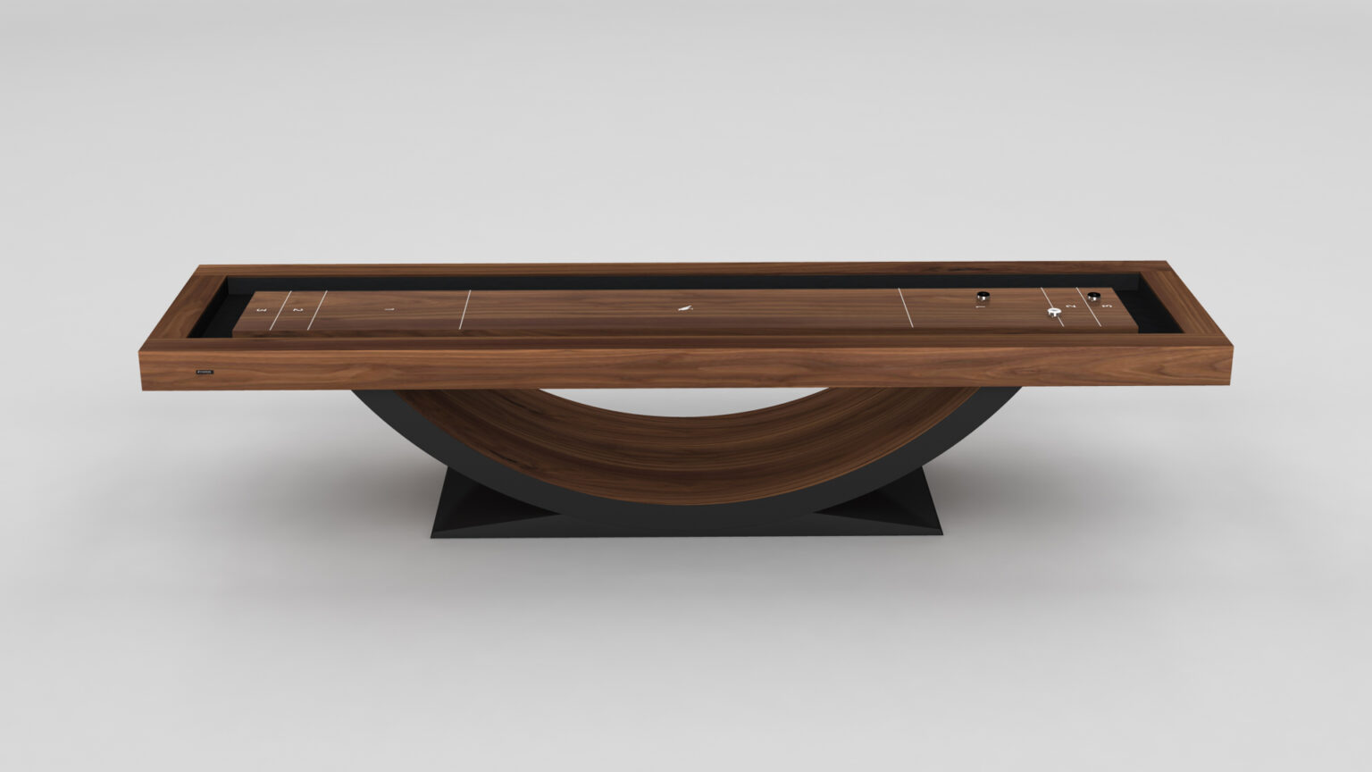 The Theseus Shuffleboard Table showcases a wooden top, black border, and curved wooden base on a black platform, all set against a plain light background for a modern luxury look.