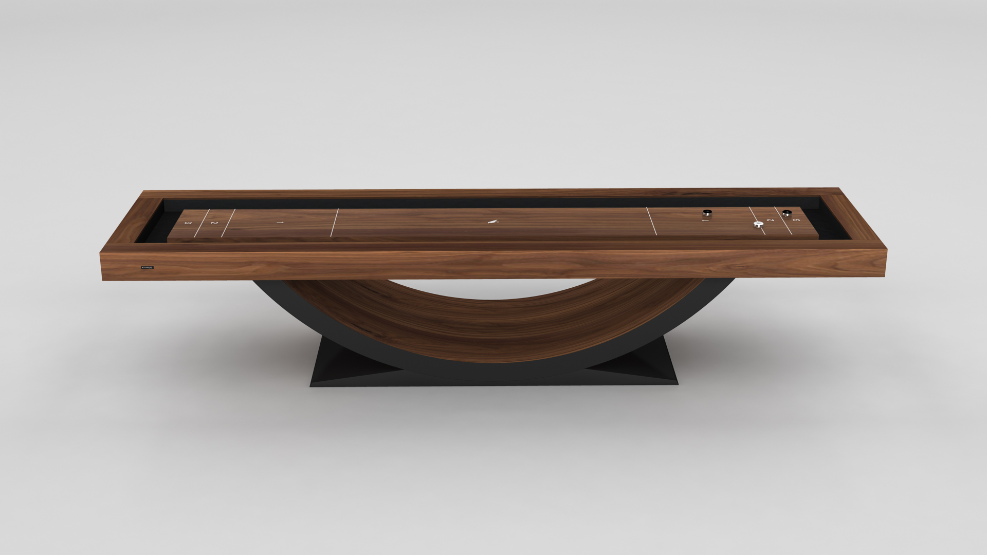 The Theseus Shuffleboard Table showcases a wooden top, black border, and curved wooden base on a black platform, all set against a plain light background for a modern luxury look.